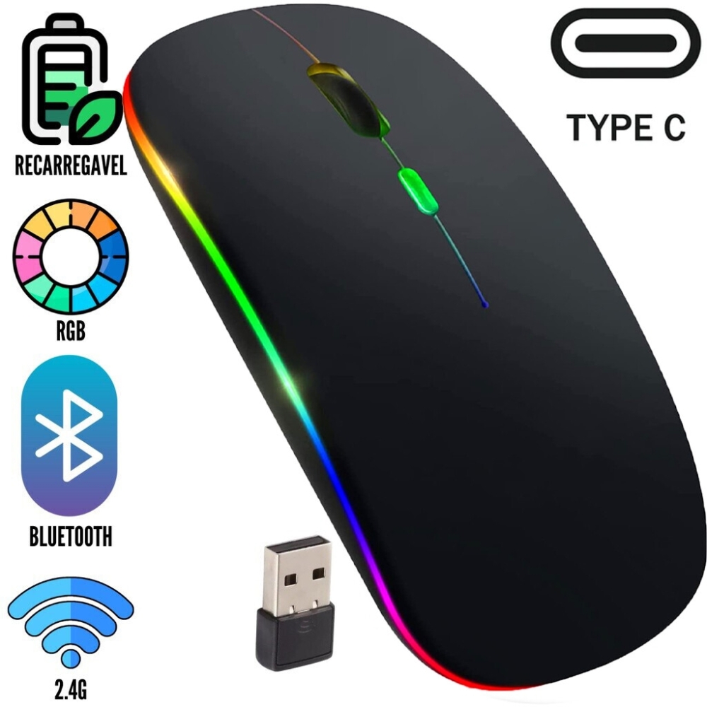 Mouse sem Fio Bluetooth 5.2 & Wireless 2.4Ghz USB C Recarregável DPI Ajustável 