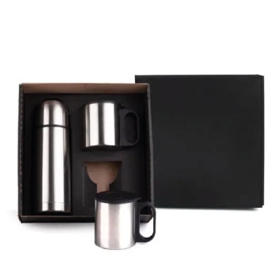 CONJ. DE GARRAFA E CANECA EM AÇO INOX  330/180 ML - 3 PÇS